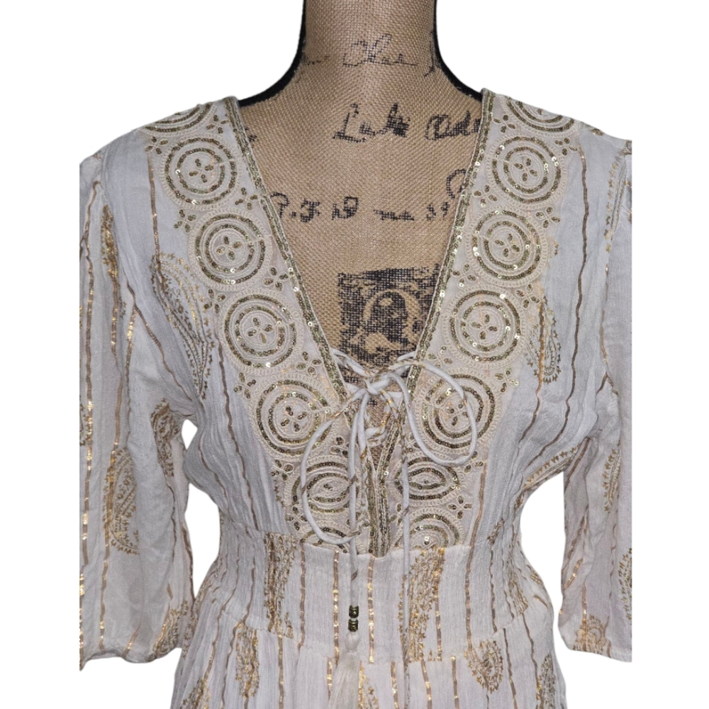 Anthropologie X Magic Me Cream And Metallic Gold Bohemian Lace Midi Dress SZ‎ XL - Picture 6 of 10